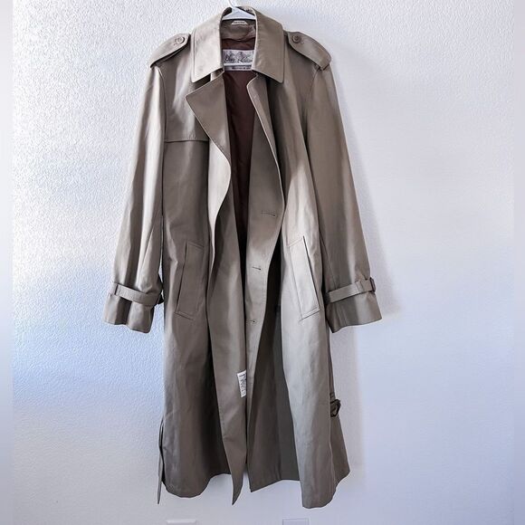 Oleg Cassini 80s Vintage Cotton Blend Tan Double Breasted Men's Trench Coat 40 L - Picture 3 of 10
